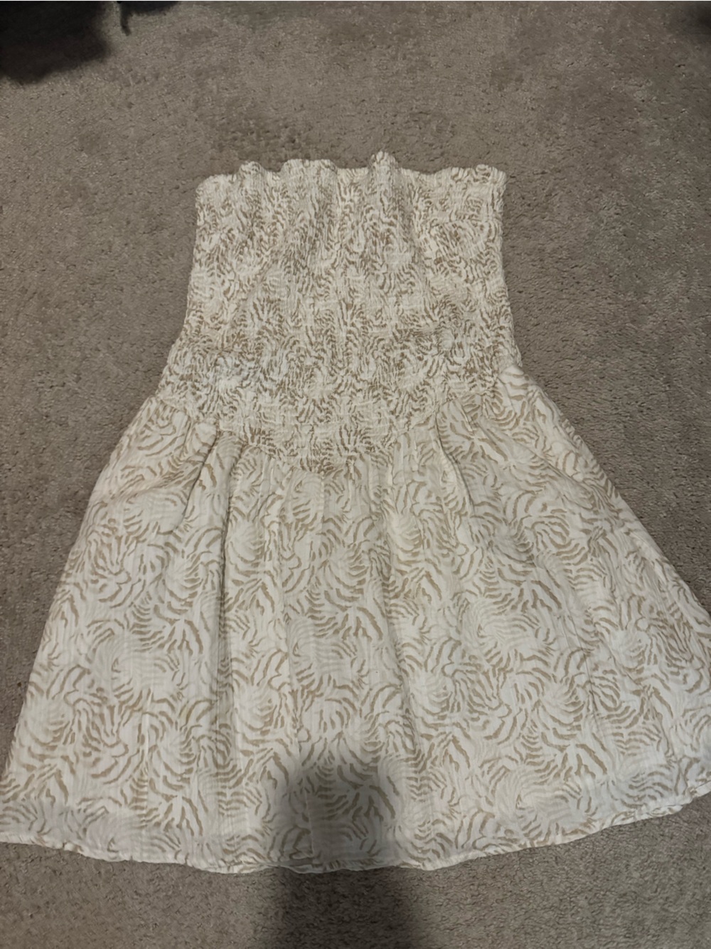 CO Cream Strapless Smocked Dress with Tan Print